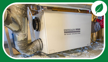 A box-like HRV unit with ducts attached in a crawl space A box-like HRV unit with ducts attached in a crawl space