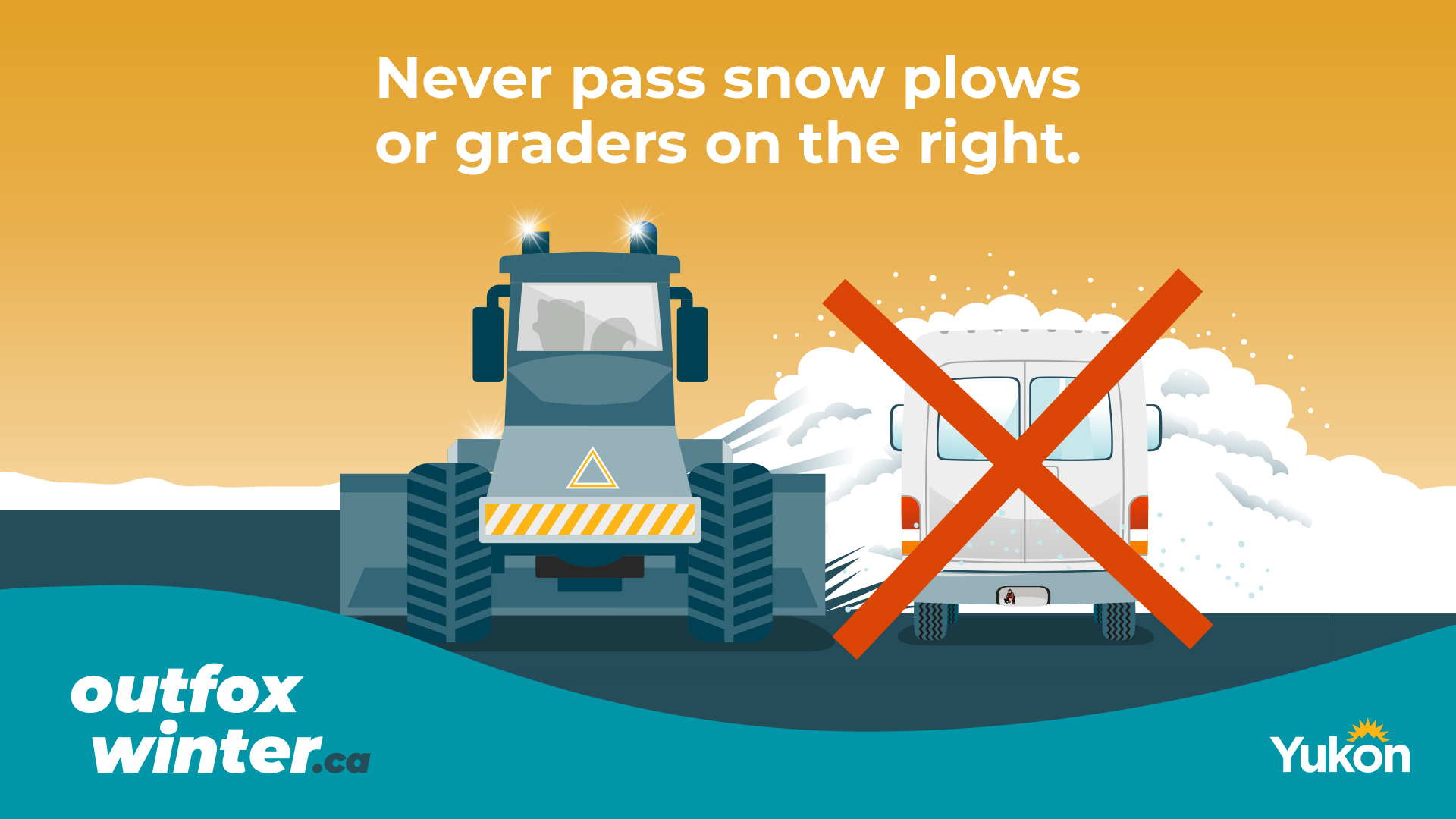 Illustration showing a grader clearing snow while a vehicle attempts to pass on the right, with a symbol indicating this is unsafe. Drivers should never pass snowplows or graders on the right.