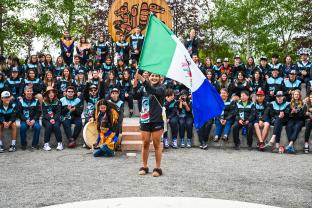 Swimmer Kassua Dreyer of the Ross River Dena Council, was Team Yukon’s flag bearer at the Pep rally for the North American Indigenous Games.
