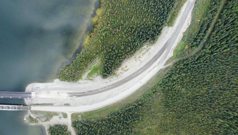 Overhead view of the north side road tie-in to the new Nisutlin Bay Bridge