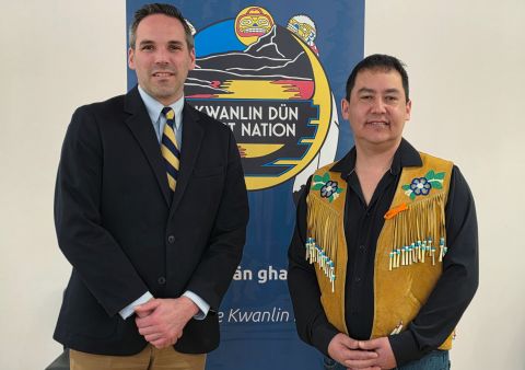 Premier Currie Dixon and Chief Sean Smith at the KDFN Chief and Council swearing in ceremony