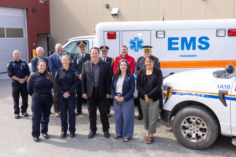 Minister of Health and Social Services, Brad Cathers; Minister of Justice, Minister, Laura Lang and Minister of Community Services and Minister responsible for the Yukon Lottery Commission, Cory Bellmore pose alongside first responders for the 10 year anniversary since 911 service was expanded to rural Yukon communities, recognizing the continued role of Yukon Emergency Medical Services, RCMP, fire services, and other partners in supporting access to emergency response in Yukon communities.