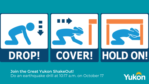 A graphic showing how to drop, cover and hold on during an earthquake.